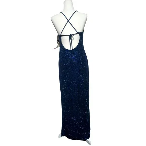 Vintage Glitter Dress Size 9 10 Navy Blue Long Length Open Back Ties High Vents - Picture 4 of 10